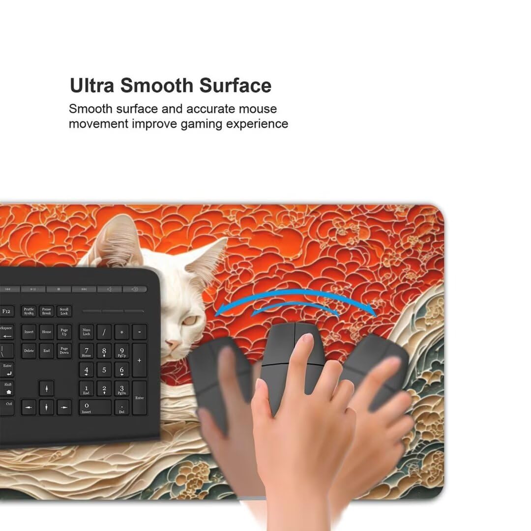 Alfombrilla de ratón 1400x600x3 MM, Alfombrilla Ratón XXL Extendida de Gran Tamaño con Bordes Cosidos, Base de Goma Antideslizante Almohadilla para Teclado, Gatos japoneses S-10595
