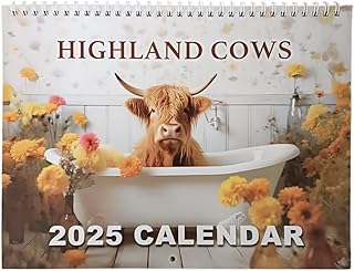 ハイランド牛の浴槽カレンダー、ハイランド牛カレンダー2025年面白いハイランド牛の浴槽カレンダー2025ハイランド牛月間壁掛けカレンダー、農場カレンダー2025マンスリープランナー。