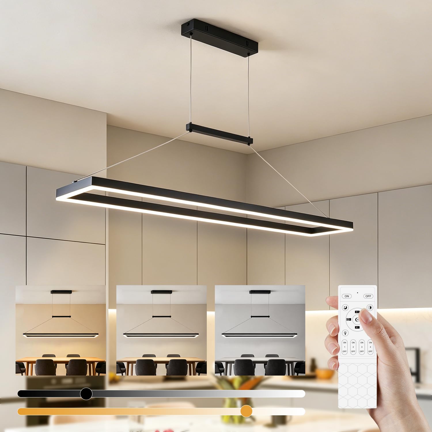 120CM LED Pendelleuchte Esstisch, 52W Dimmbar Hängelampe Esszimmer, Schwarz | Höhenverstellbar, Moderne Rechteckige Hängeleuchte mit Fernbedienung und Memory, Esszimmerlampe Hängend, für Küche Wohnzimmer