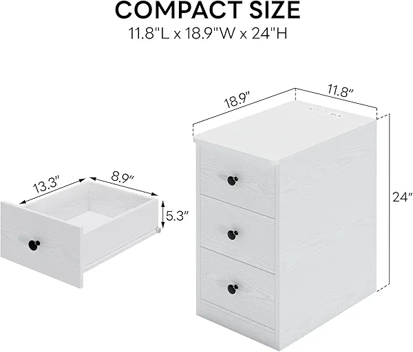 LIKIMIO Nightstand with Charging Station, Narrow Bedside Table with 3 Drawers, End Table with USB Ports and Outlets, Side Table for Living Room/Bedroom Modern