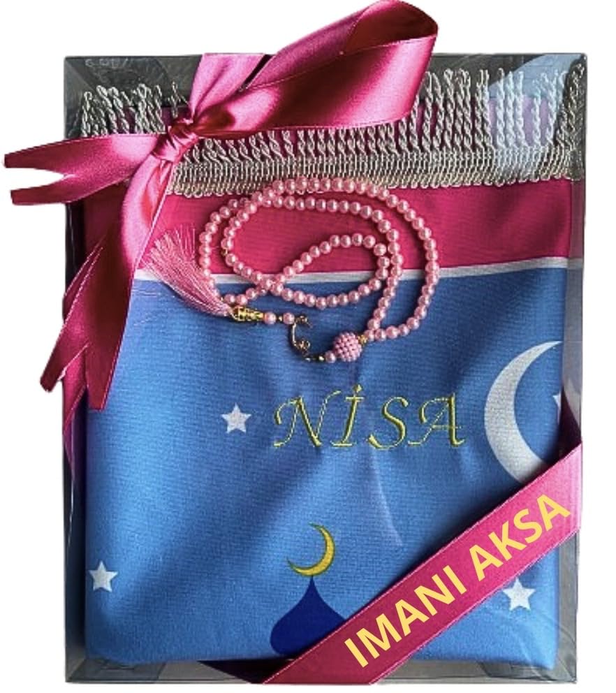 Tapis De Prière Personnalisé Avec Nom Brodé + Tesbih - Velours, 70x110 Cm - Cadeau Islamique Pour Ramadan, Bayram, Anniversaire