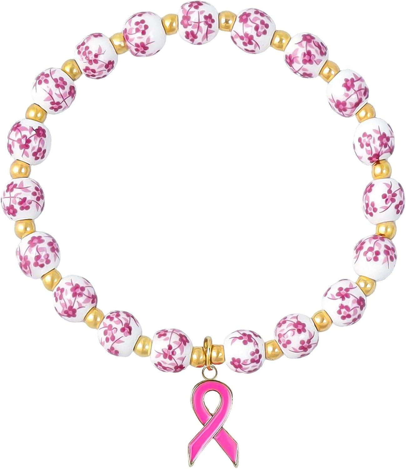 Breast Cancer Bracelets Beads Pink Ribbon Charm Flower Beaded Wrist Bracelet for Women Breast Cancer Awareness Accessories Encouragement Care Gift