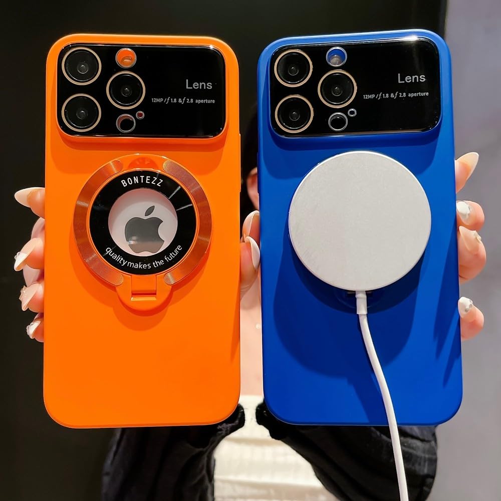 Funda con Soporte para iPhone 15 Pro MAX 14 13 12 11 Pro MAX 15 Plus Soporte Plegable Cubierta de película de Lente Dura magnética, Naranja Transparente, para iPhone 15ProMax