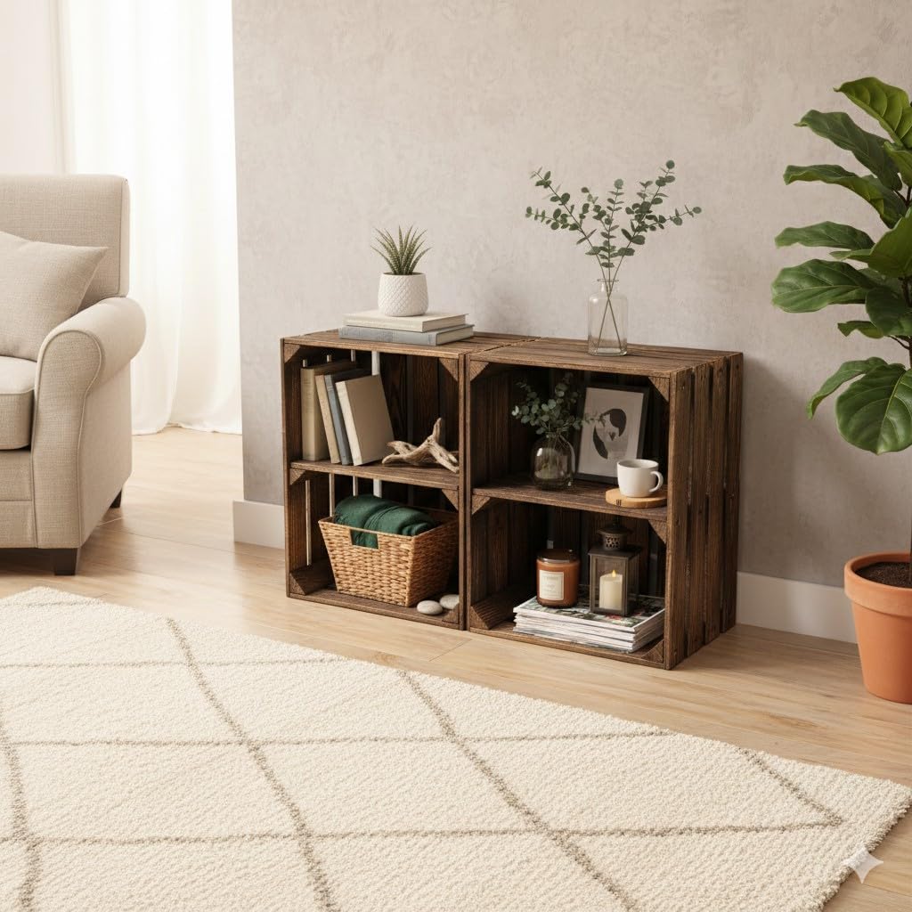 Teramico Holzkisten geflammt 50x40x30cm (4er Set | 2 x Boden Kurz) | Geflammte Vintage Weinkisten im Set als Regal oder zur Aufbewahrung nutzen. Perfekt für stilvolle Dekoration im Wohnzimmer.