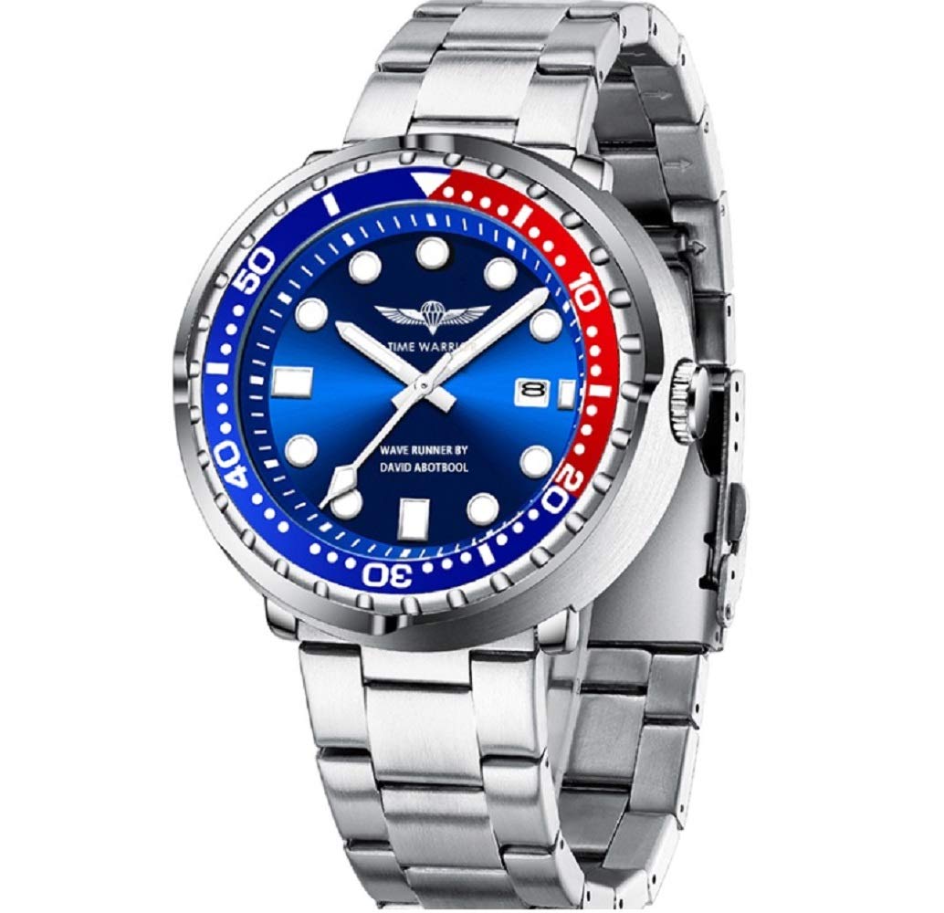 TIME WARRIOR Wave Runner by DA, Stainless Steel Band, Men's Pro Diver Wrist Watch, Limited Edition. (Blue)