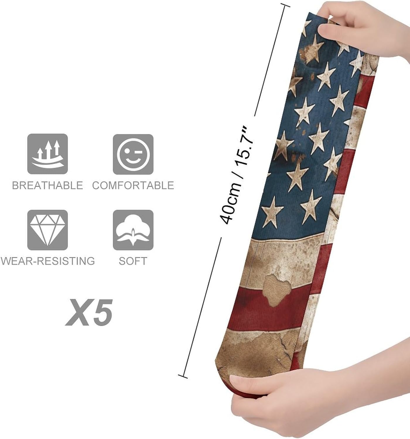 5 Pairs Knee High Socks American Flag Long Tube Boot Seamless Toe