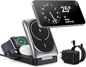 3-in-1 Wireless Charger, Inductive Charging Station Qi2 Wireless Charger, Mag-Safe Charging Station, Foldable Magnetic Fast Charging Stand for iPhone 16/15/14/13/12 Apple Watch, AirPods
