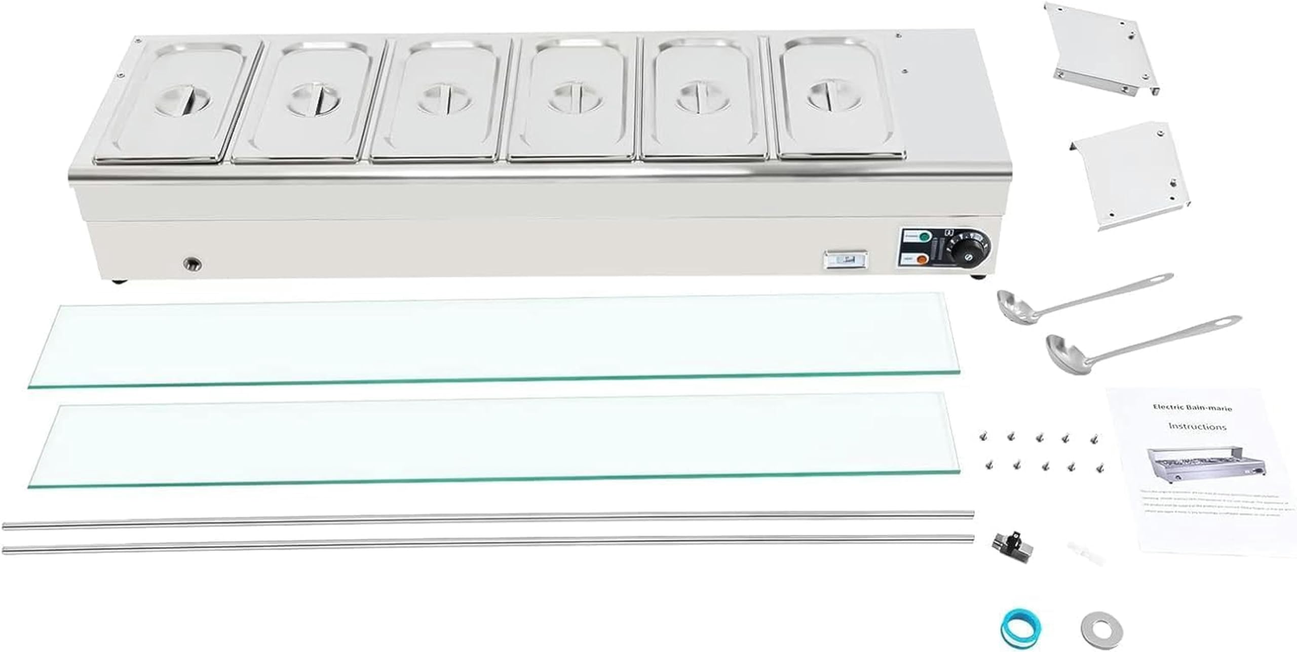 Calentador de alimentos, 6 sartenes 1/3 GN, mesa de vapor eléctrica comercial de acero inoxidable, 1200 W, 19 cuartos de galón con protector de vidrio templado