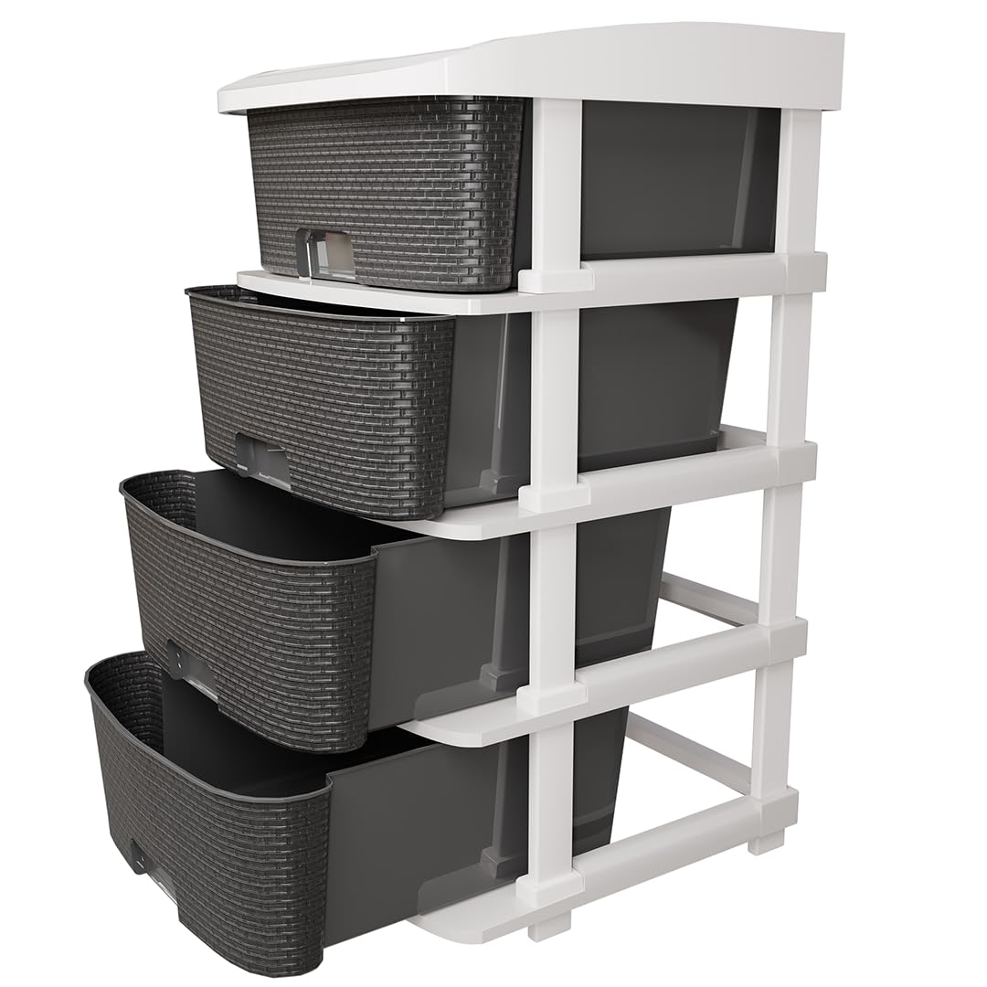 TEX-RO Plastic Modular Drawer Storage Chest Of Drawers Organizer Storage Box, Large Stomo Racks For Multipurpose Organizers | Grey | 4 Layer