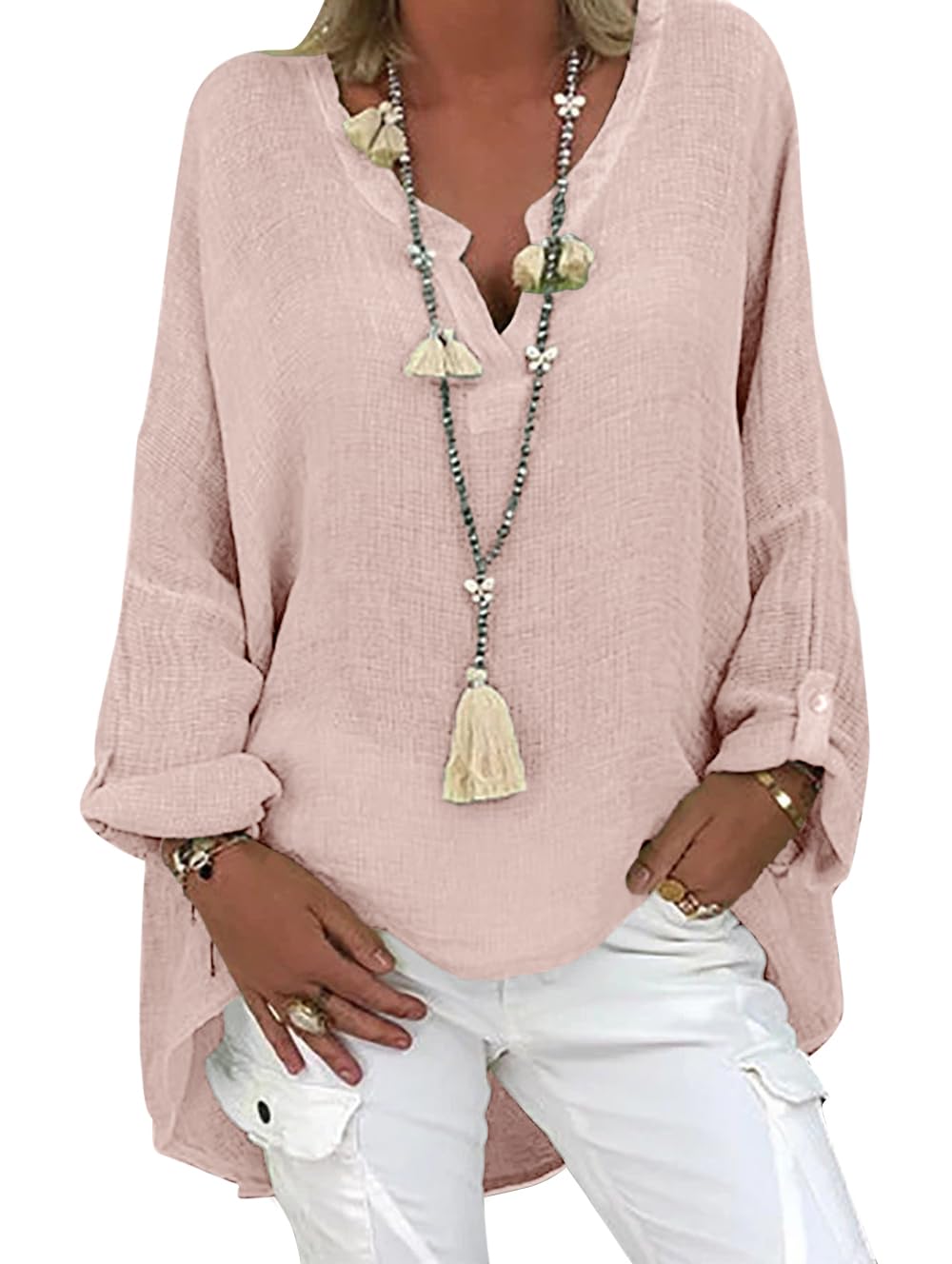 Tincini Blusa de lino para mujer, blusa de verano, túnica con cuello en V, tallas grandes, camiseta de blusa, camiseta de manga larga, lino, algodón, camisa de impresión