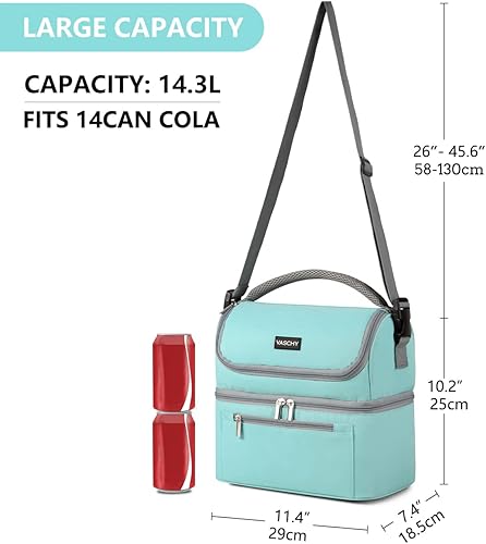 Miniatura 3 de VASCHY Bolsa de almuerzo para mujer, lonchera aislada a prueba de fugas en doble compartimento para hombres, mujeres, 14 latas (turquesa)