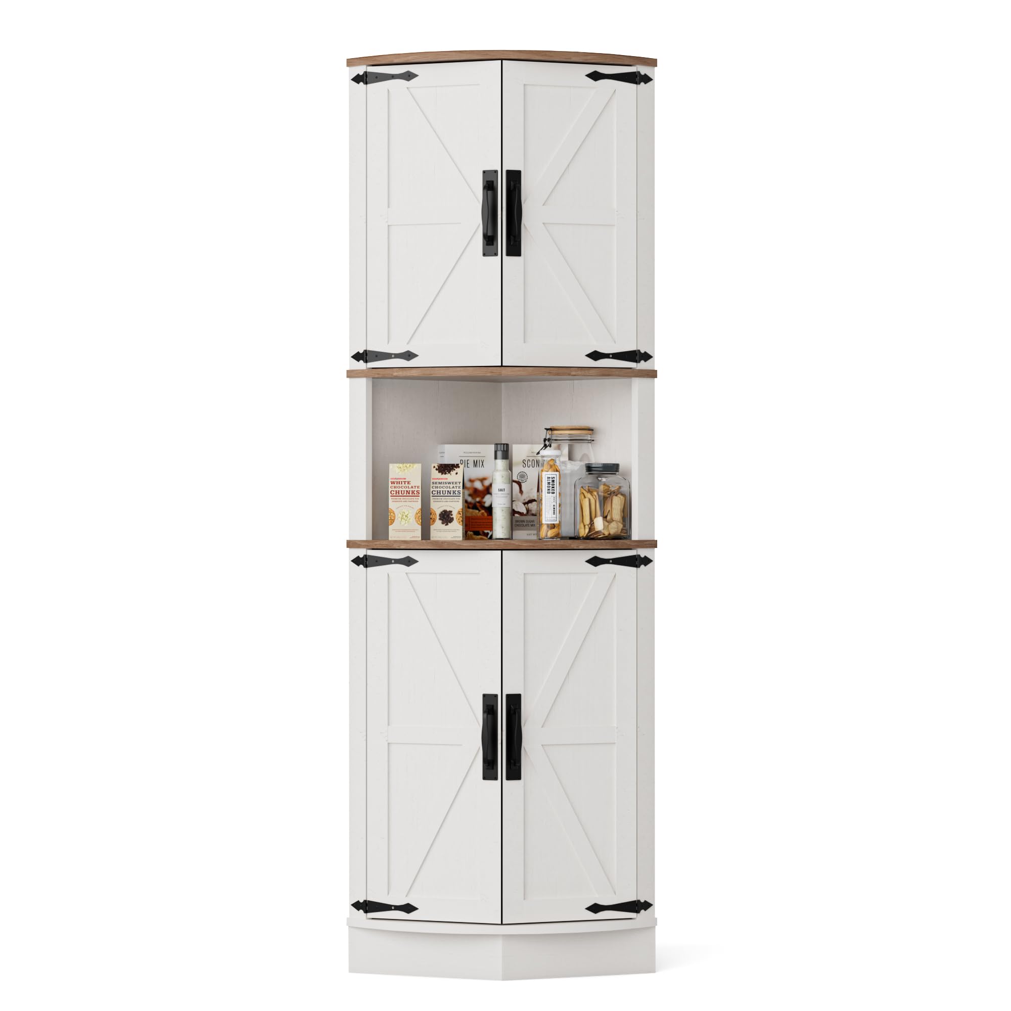 BonVache Angolare, Mobile Ante e Ripiano Regolabile, Mensola Angolare, per Cucina, Soggiorno, Sala da pranzo, Bianco, Bagno, Stile Farmhouse Moderno, Bianco