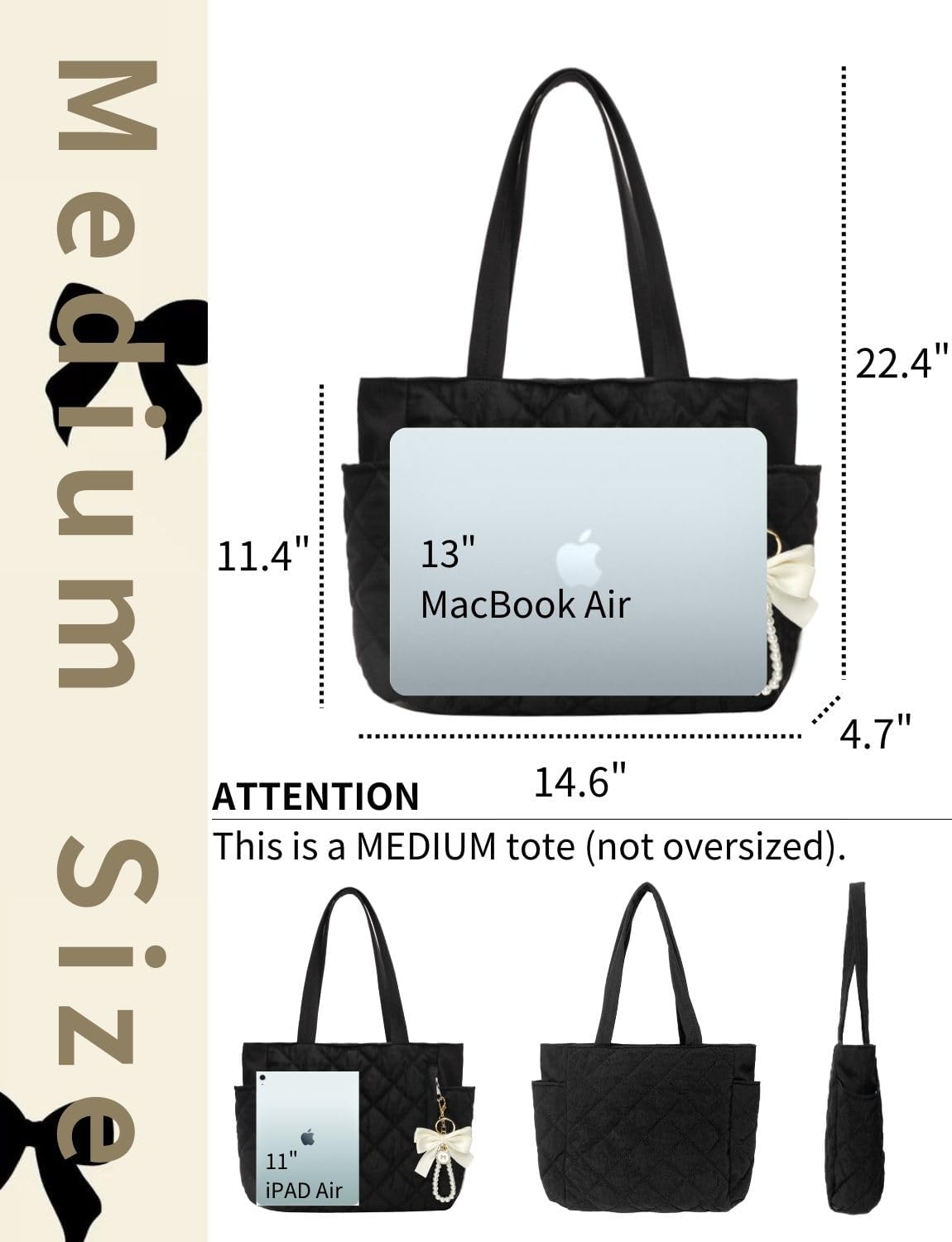Black Tote Bag For Women Work Travel Colloge Tote With Zipper Quilted Tote Bag With Cute Bow Charm Medium Size