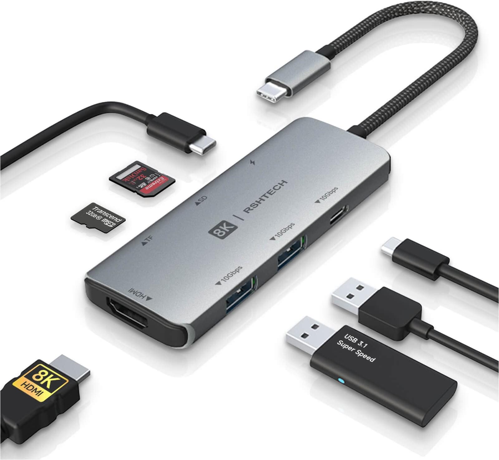 RSHTECH USB C Hub 7-in-1 Multiport Adapter with 8K HDMI, 10Gbps USB-C and 2 USB A Data Ports, 100W Power Delivery, SD/TF Card Reader, Aluminum USB 3.1/3.2 Gen 2 Hub Dongle for PC and Laptop, RSH-T02