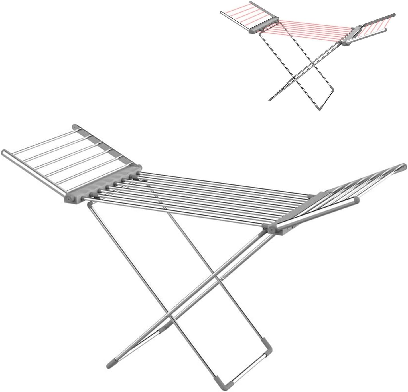 Clothes Drying Rack, Foldable Laundry Drying Rack, Free-Standing Large Drying Rack, with Height-Adjustable Wings, 20 Drying Rails, Sock Clips, for Clothes, Sheets