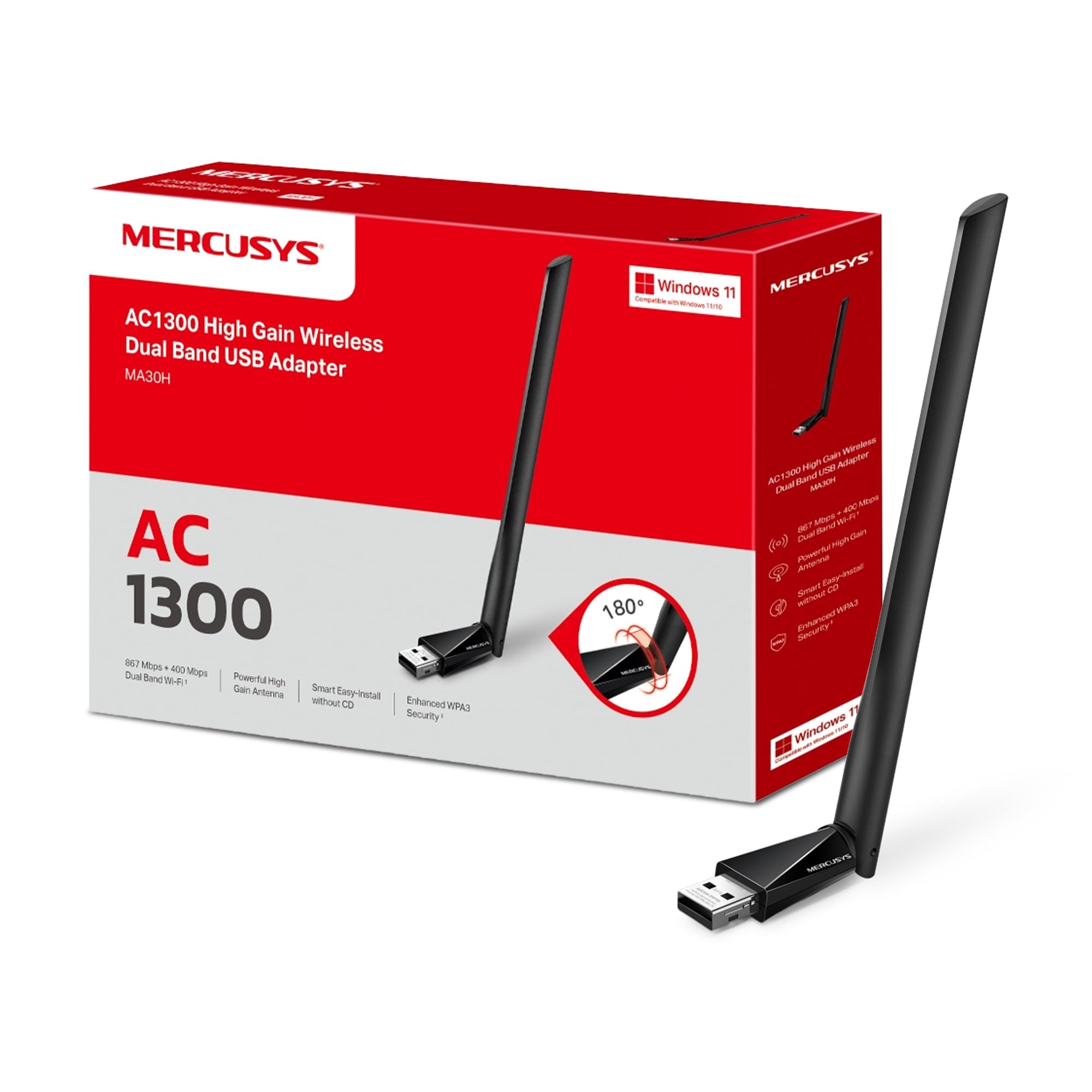 NEW MERCUSYS MA30H AC1300Mbps WiFi 5 Dongle for PC, High-Gain Dual-Band USB WiFi Adapter, Plug and Play, MU-MIMO Low Latency, WPA3 Security, Compatible with Windows 11/10