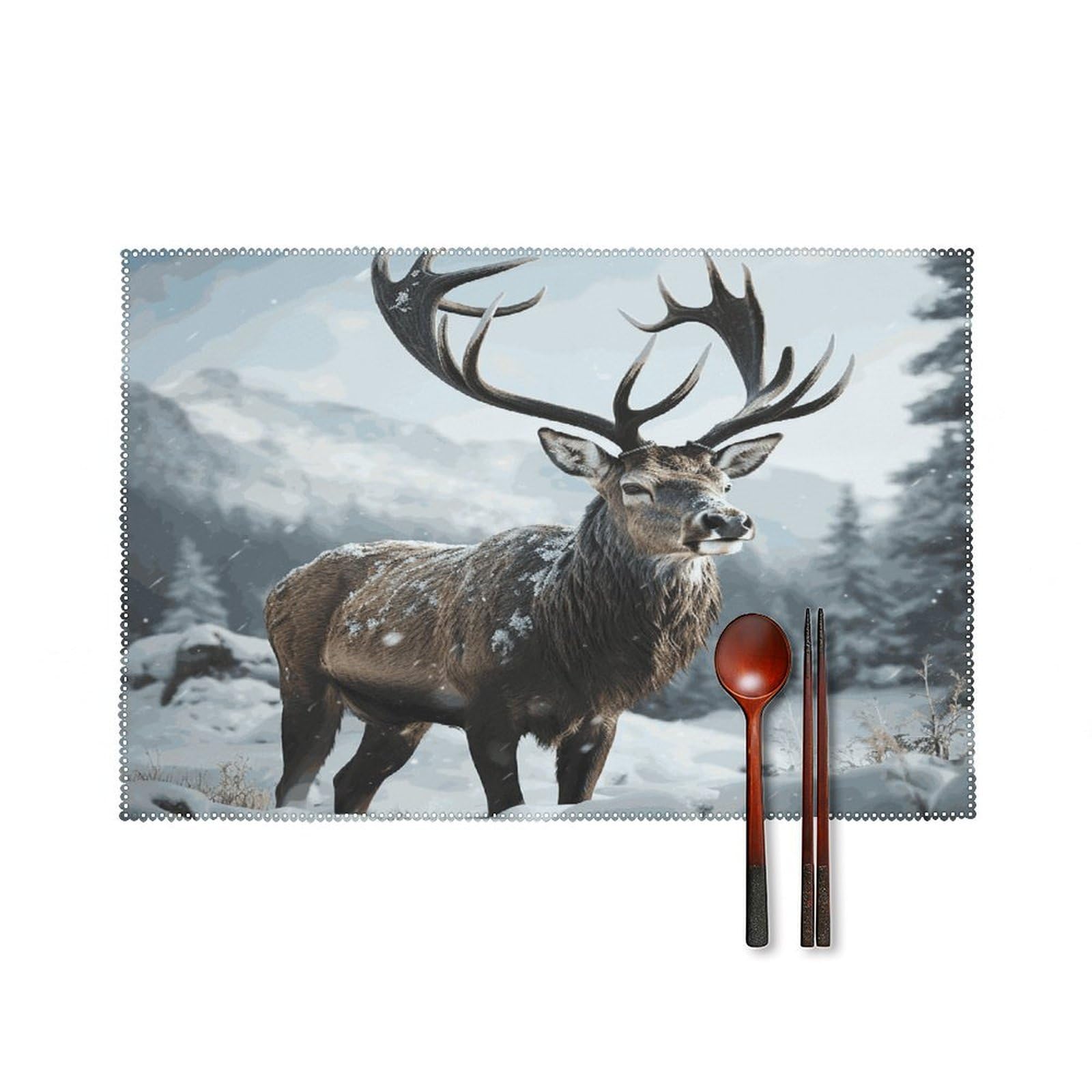 Snow Elk Placemats Set of 4 Heat Resistant Non-Slip Place Mats for Dining Table Washable Placemat Wipeable Dining Table Mat Canvas Place Mats Dining Table Decor