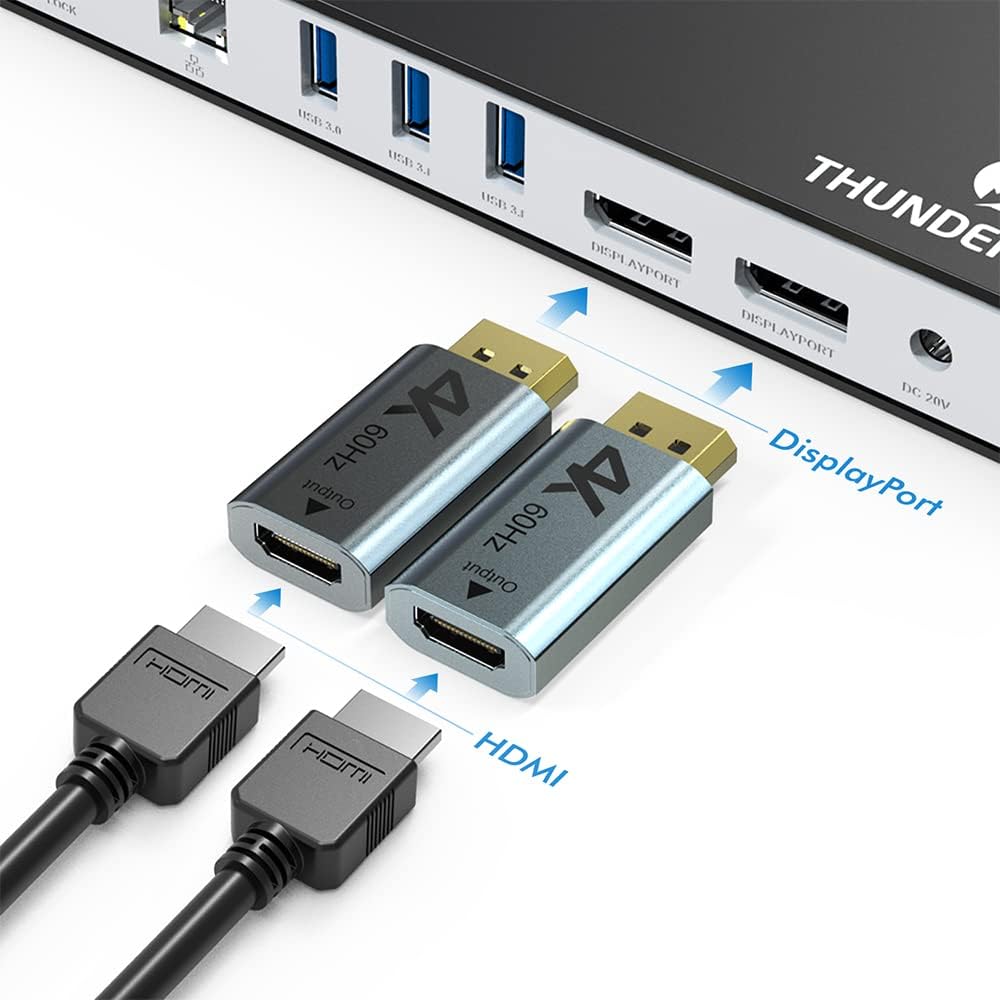 Two DisplayPort to HDMI adapters connected to the docking station, ready for HDMI cables.