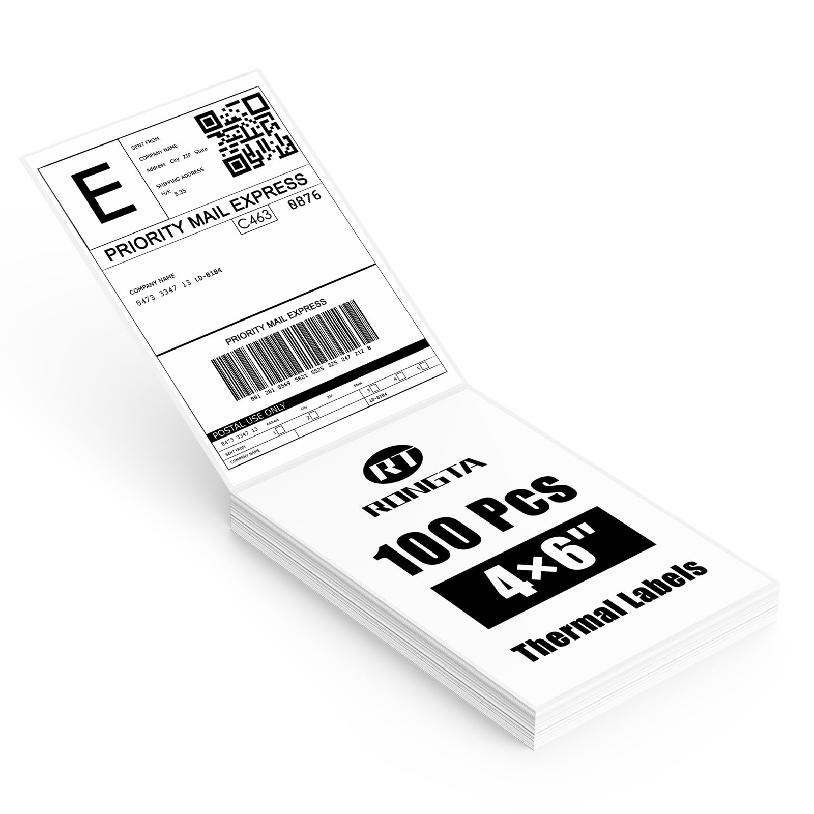 Rongta Thermo-Etiketten, 10,2 x 15,2 cm, 100 Fächerfalz-Etiketten für Thermodirektdrucker, weißes perforiertes Versandetikett, handelsübliche Qualität mit Permanentkleber, 1 Stapel