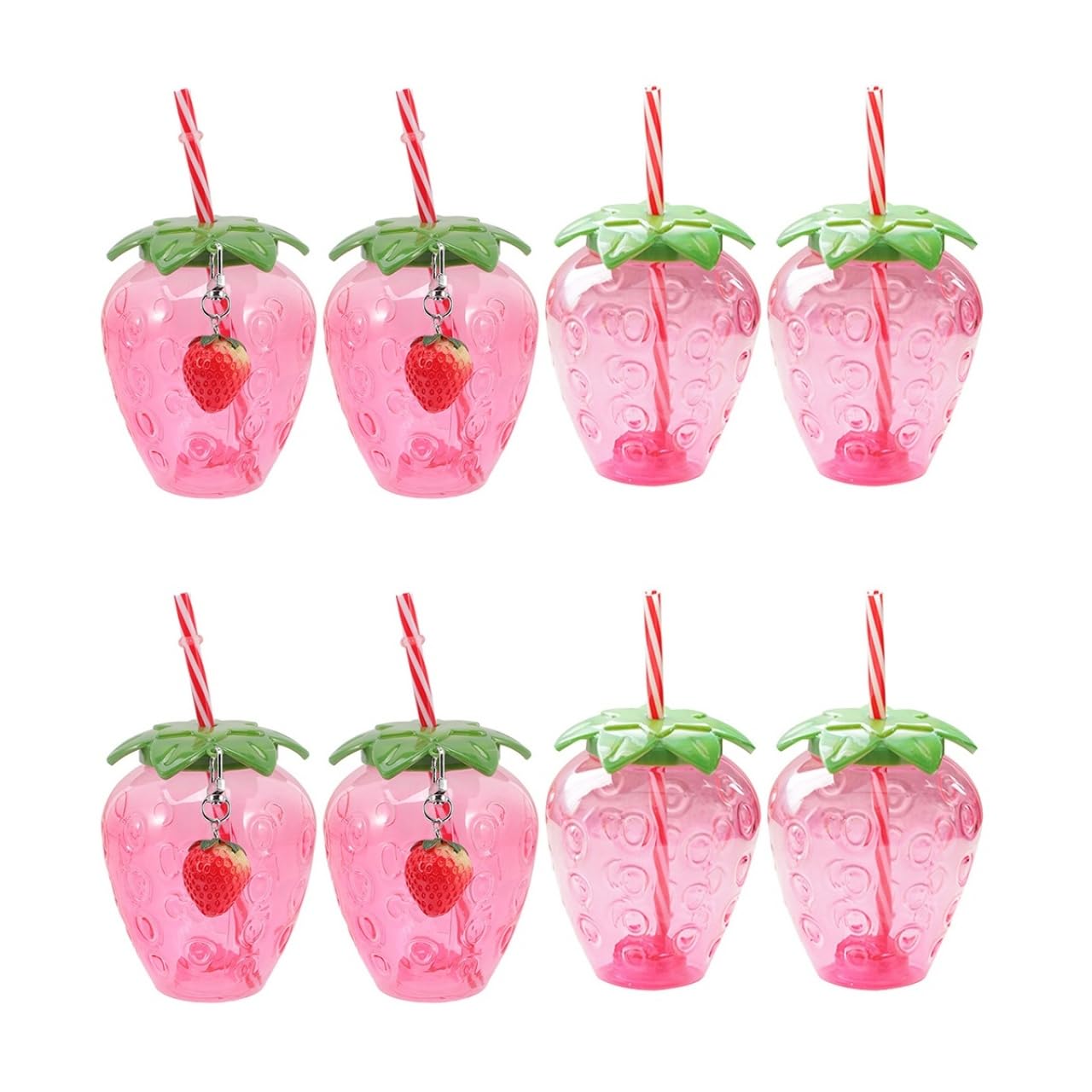 DOITOOL Strawberry Cups 8-Pack Plastic Drinking Mugs with Lids and Straws 16.9 Oz Portable Strawberry Shape Cups for Summer Pool Parties and Hawaiian