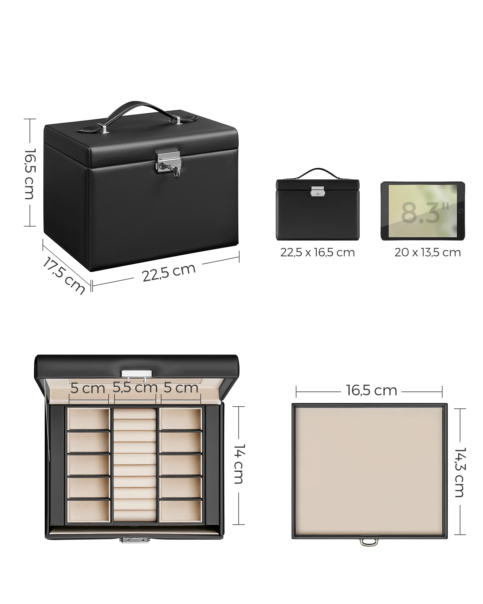 SONGMICS Boîte à Bijoux 4 Niveaux, Écrin à Accessoires avec 3 Tiroirs, Coffre de Rangement, Poignées, Miroir Intérieur, Verrouillable, Rangement pour Bijoux, pour Montres, Noir d'Encre JBC159B01
