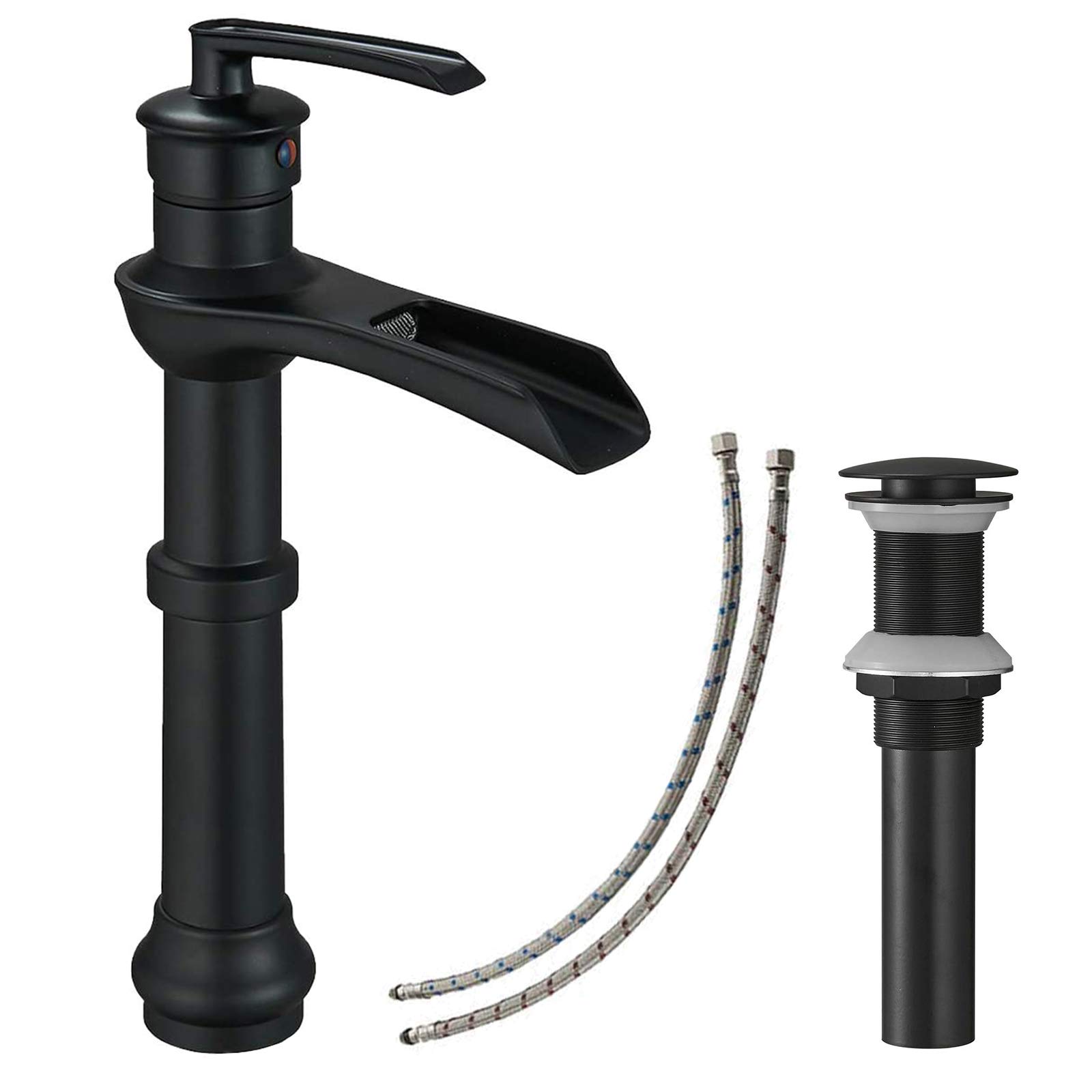 BATHLAVISH Black Vessel Sink Faucet Farmhouse Waterfall Matte for Bathroom Tall Single Hole with