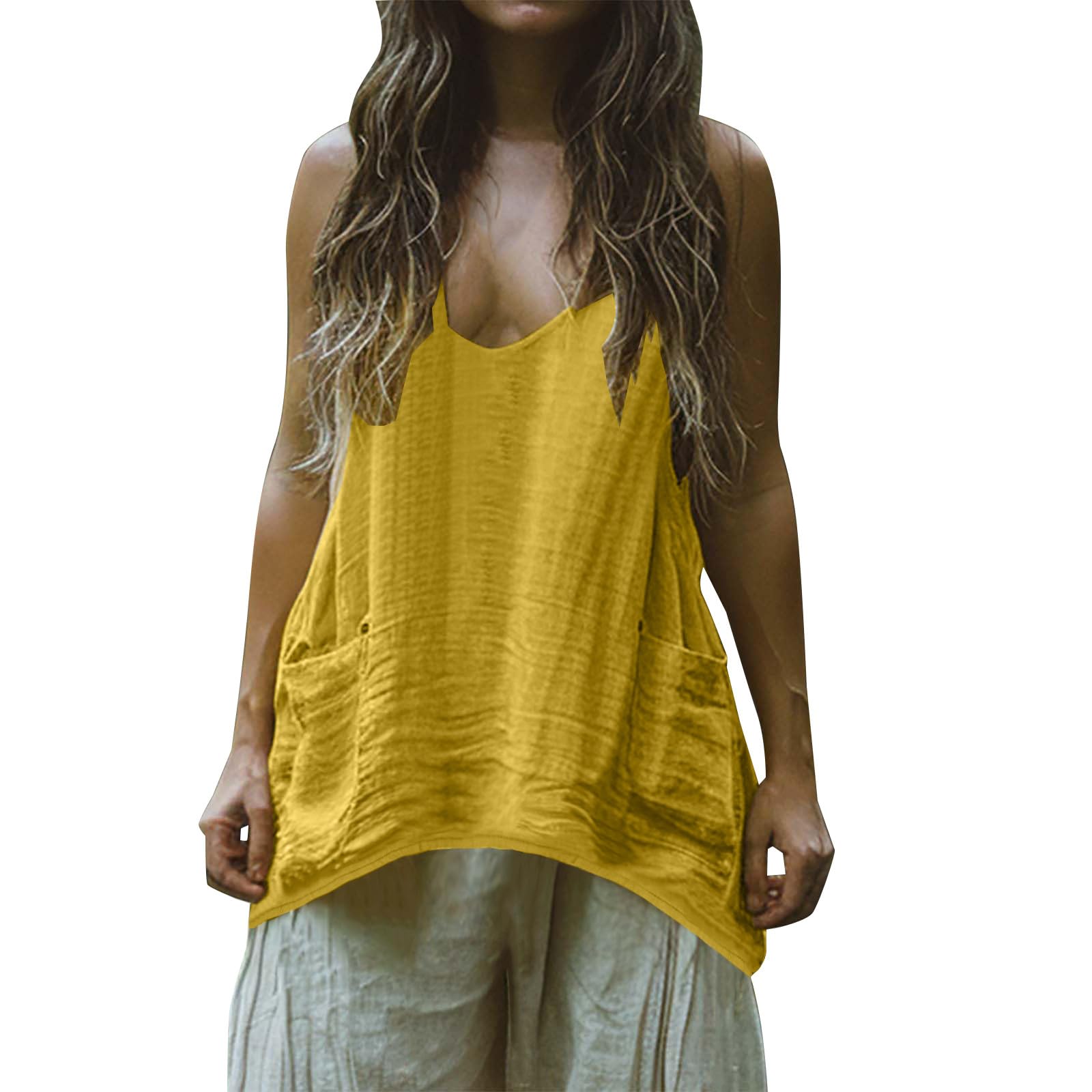 Débardeur Femme en Lin Chic et élégant col V Sangle Spaghetti Hauts sans Manche Été Debardeur Femmes Coton et Lin Gilet LéGer Respirant T-Shirts Ample Décontracté Tank Tops de Vacances Plage