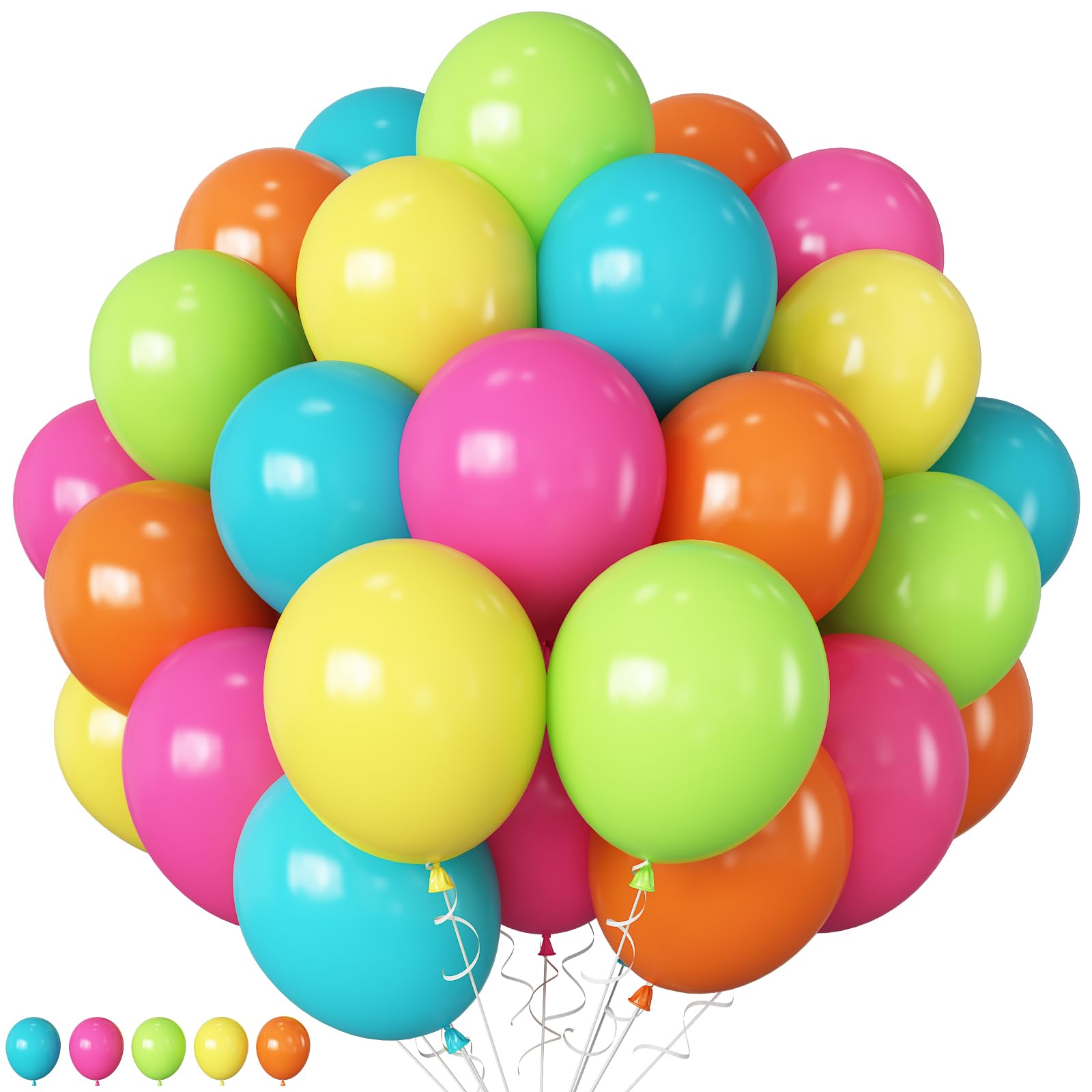 Rainbow Balloons, 12 Inch 60pcs Multicolor Rainbow Balloon Teal Blue Green Yellow Orange Hot Pink Latex Ballons for Tropical Summer Birthday Wedding