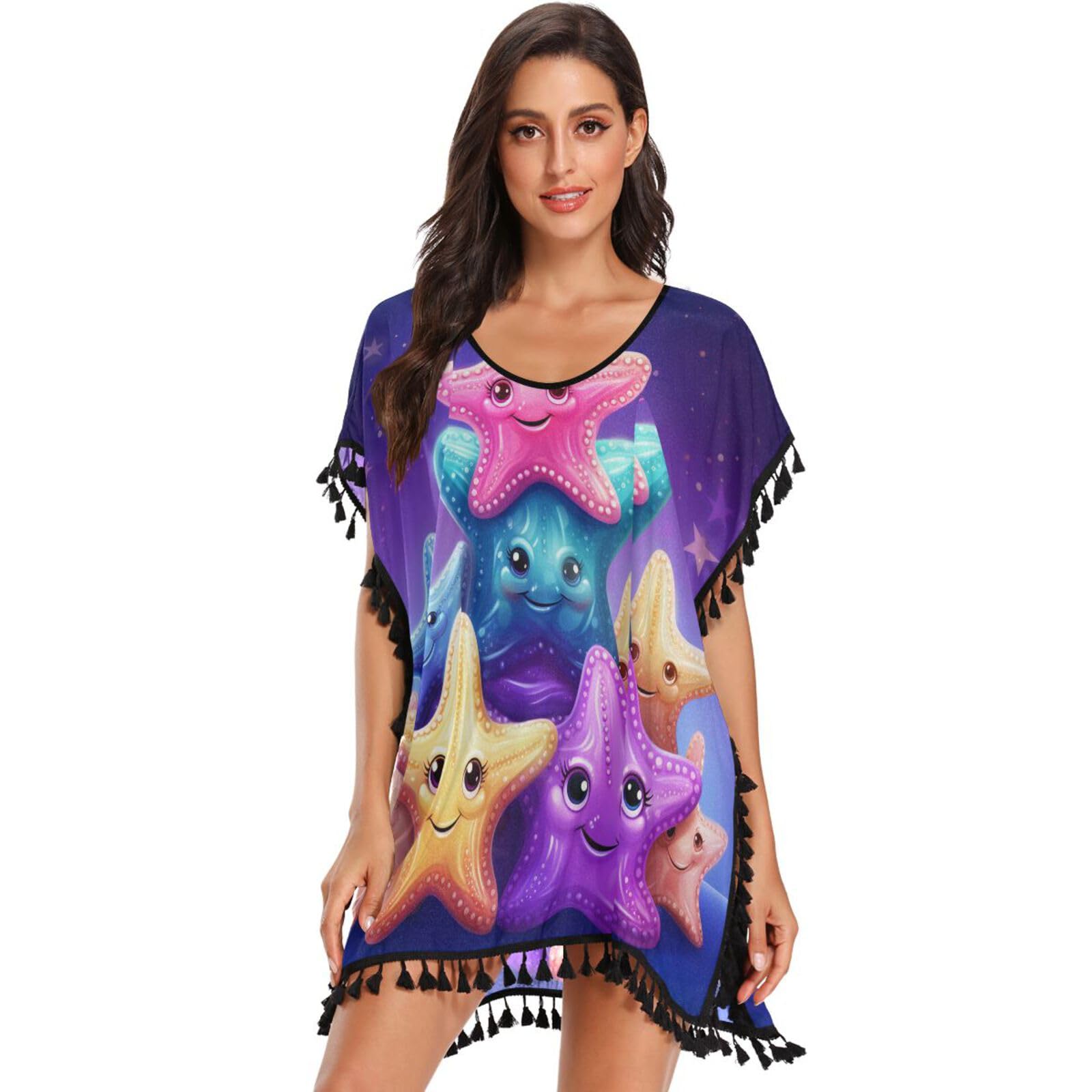 KAAVIYO Doodle Style Cute Starfish Women's Beach Cover Up Chiffon Tassel Swimwear Swimsuit Coverups for Girl