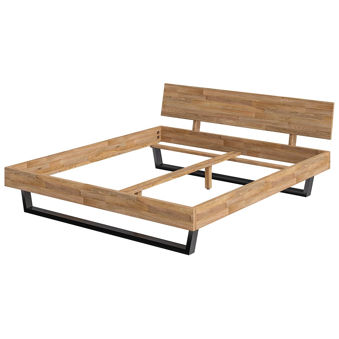 skølm Alver Massivholzbett 180x200 cm – Bettgestell aus Massivholz Eiche geölt – Holzbett mit schwarzen Metallkufen – hochwertiges Bett mit 1 Strebe als Bettkopf – Bettrahmen geeignet als Doppelbett