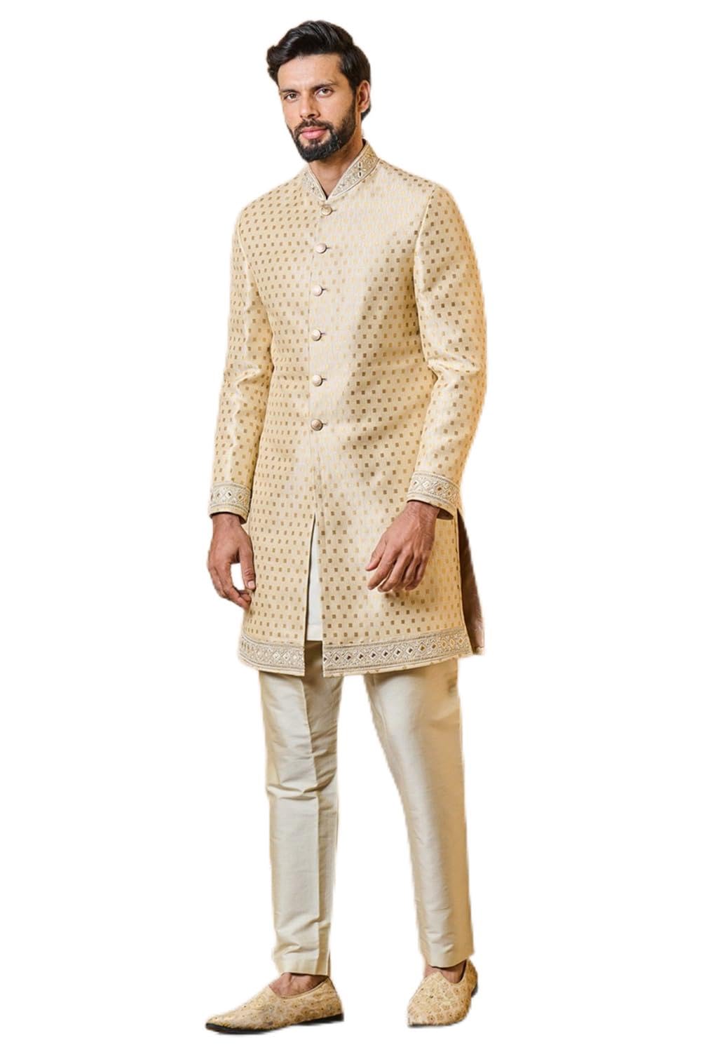 tasva Gold Classic Achkan With Embroidery Details For Men-picture-10