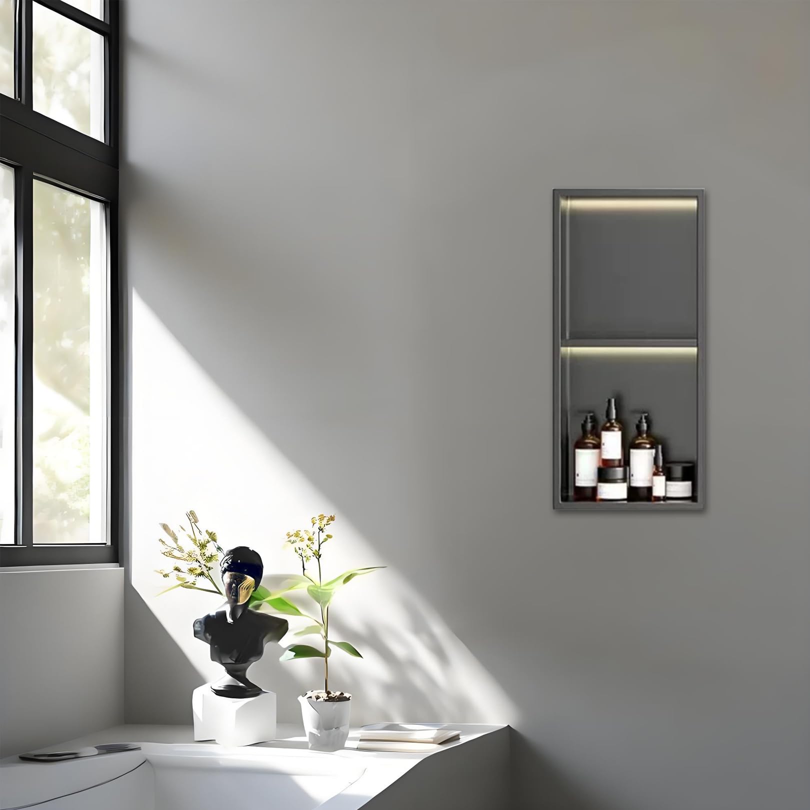 QUSYZD Recessed Led Shower Niche, Black Wall Niche Stainless Steel No Tile Needed Bathroom Storage for Shower Wall,Black,32x32cm,Black-70x28cm