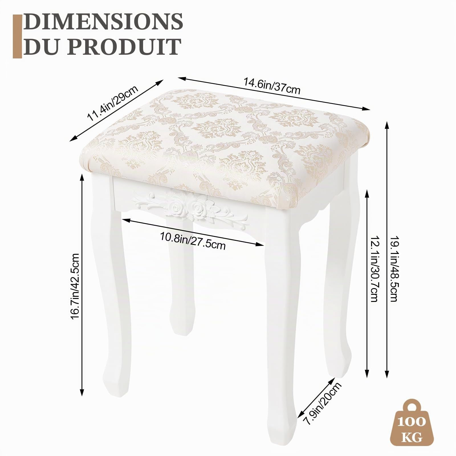 WOLTU Tabouret de Coiffeuse, Tabouret de Piano Rembourré, pour Chambre à Coucher, Salon, en Blanc, MB6011
