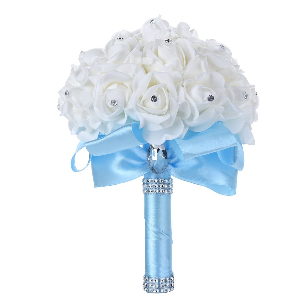 Hochzeitsstrauß, groß, himmelblau, Brautjungfernstrauß, Brautstrauß mit Kristallen, weichen Bändern, künstliche Rosenblumen für Hochzeit, Party und Kirche (Himmelblau-große Größe)