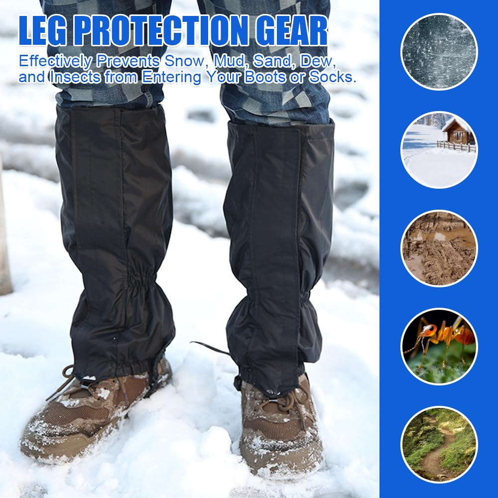 Guetres de Randonnée Homme Femme,Guetre Chasse Imperméable,Guêtres D'extérieur de Montagne Réglables,Guetre Jambe de Protection avec Fermeture et Sangles Réglables pour Escalade, Ski - Noir