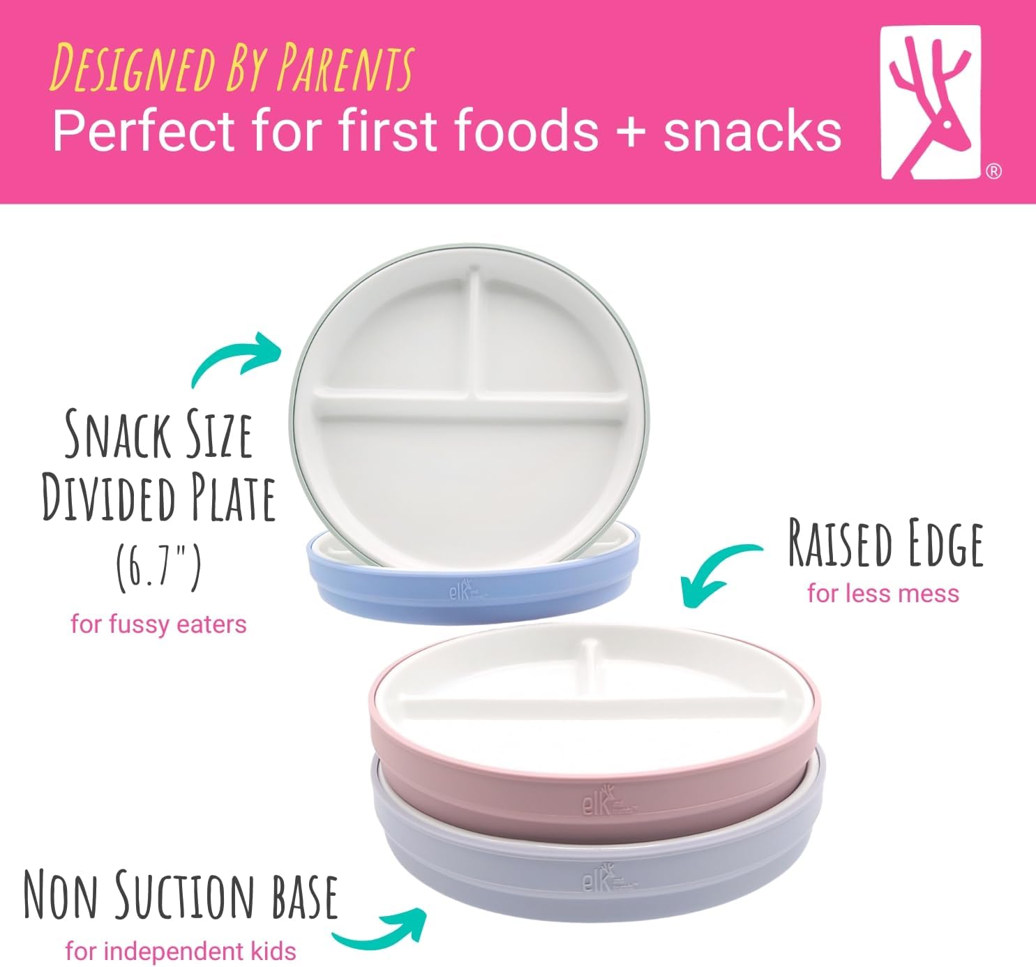Elk and Friends Kids 6.7” Porcelain Divided Plates with Silicone Sleeves | Suitable for Babies/Kids/Toddlers | Microwave & Dishwasher Safe | Non Slip | Snack Dishes