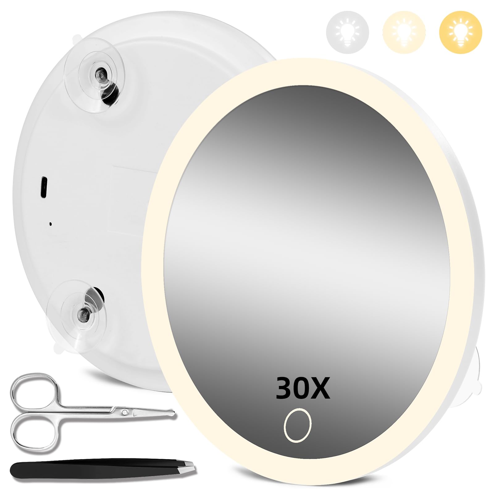 JADAZROR Espejo de Aumento 30X con Luces, Espejo de Viaje de 15 cm con Aumento, Espejo de Aumento Iluminado Recargable, Espejo de Aumento de Viaje portátil 30x