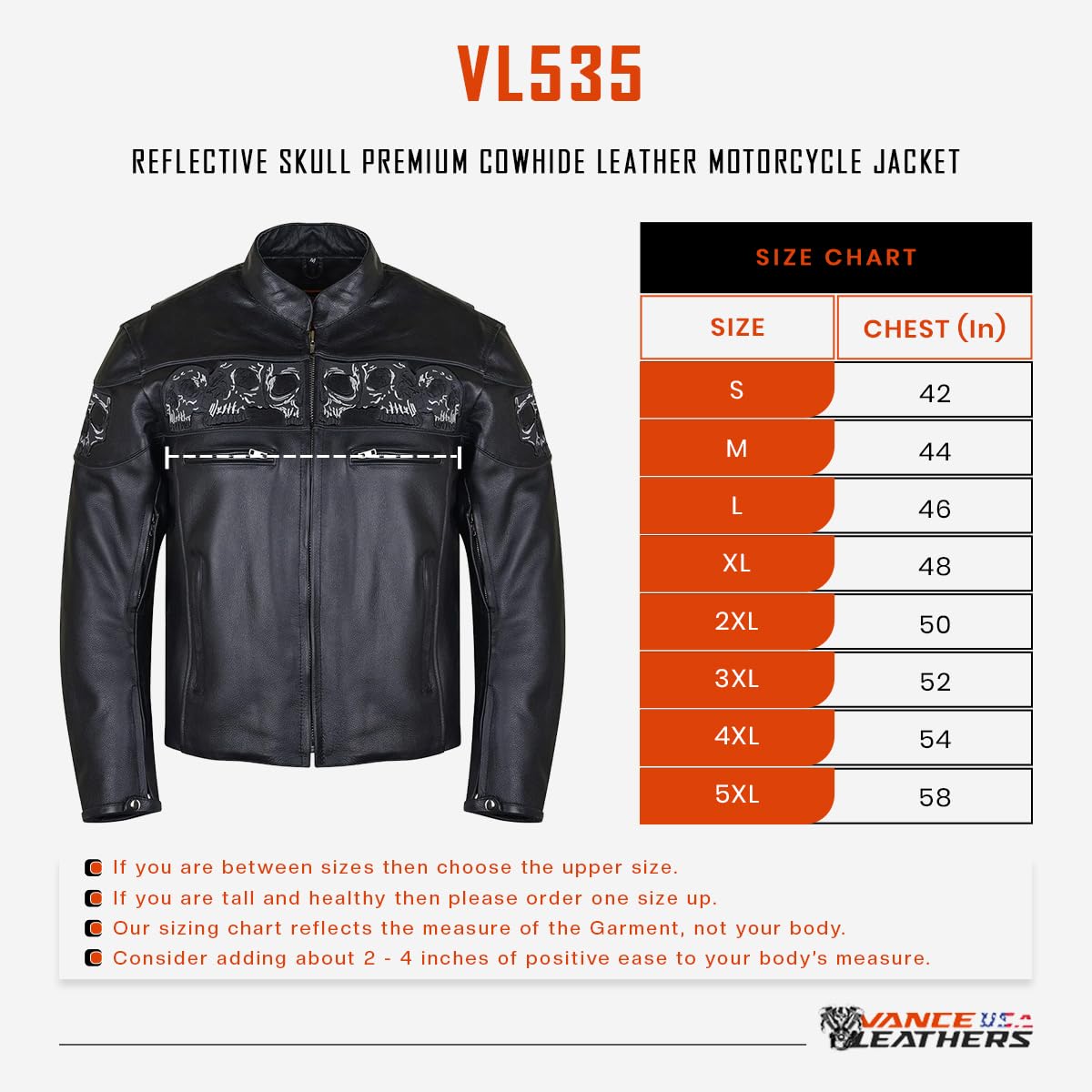 Vance Leather Mens Stand Up Collar Premium Motorcycle Jacket with Reflective Skulls and Inside Conceal Carry Pockets — view 6