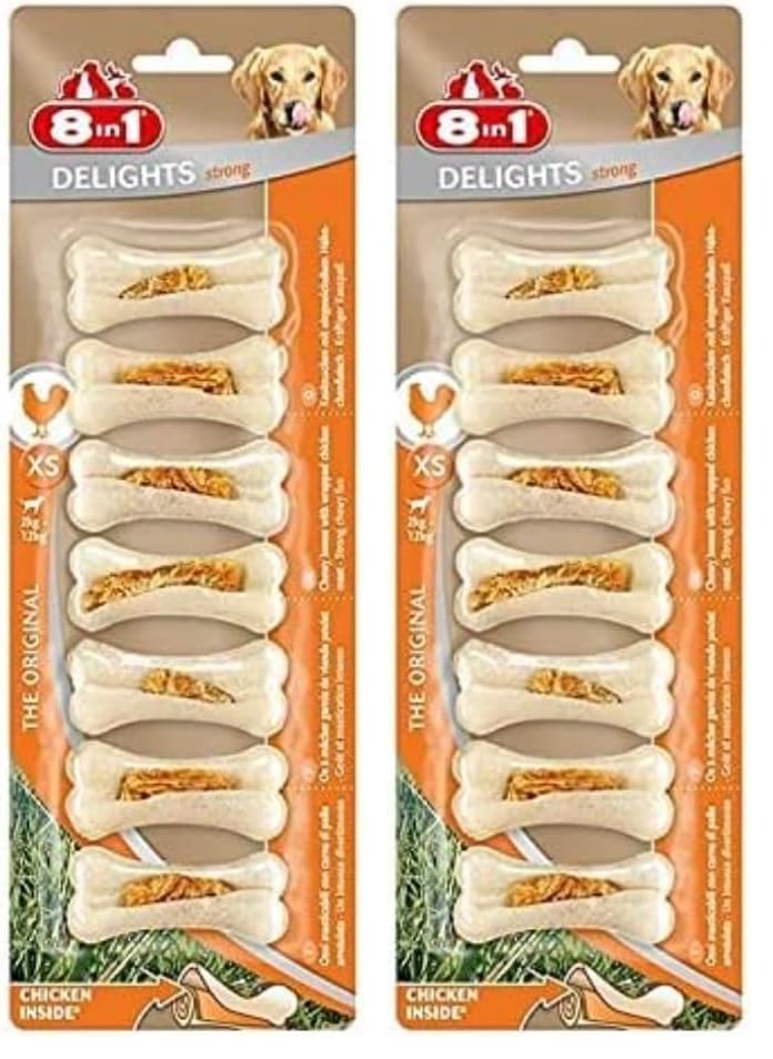 8in1 Delights Strong XS - Os à Mâcher Ferme Garnis de Poulet pour Chien Adulte de Petite Taille - 7 pièces (Lot de 2)