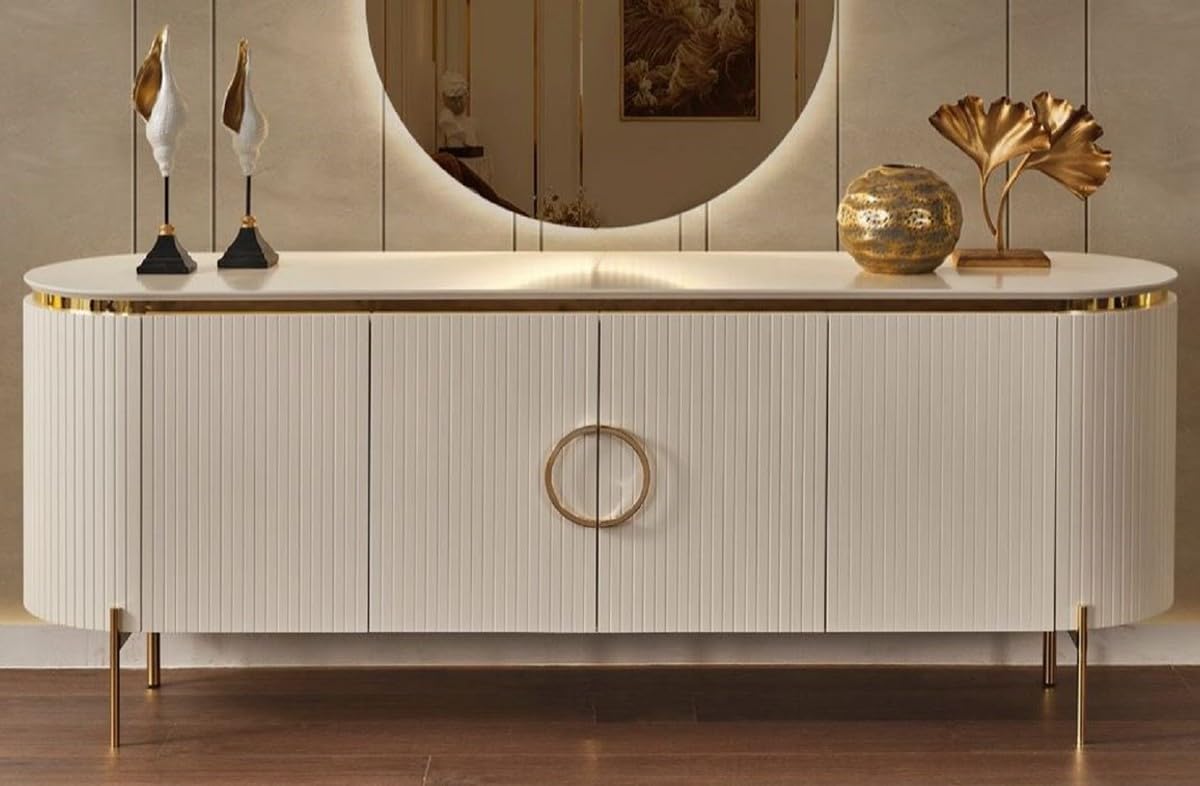 Casa Padrino Luxus Sideboard Weiß/Gold 210 x 52 x H. 78 cm - Edler Massivholz Schrank mit 4 Türen