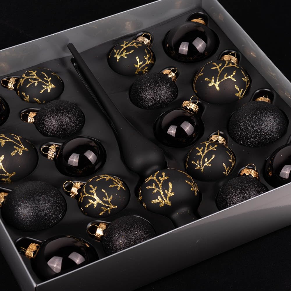 MAGIC Kugelsortiment Glas Dekor 19 TLG. mit Spitze Christbaumkugeln Christbaumschmuck Tannenbaum Deko Weihnachten Weihnachtskugeln (Ebony Black | schwarz)