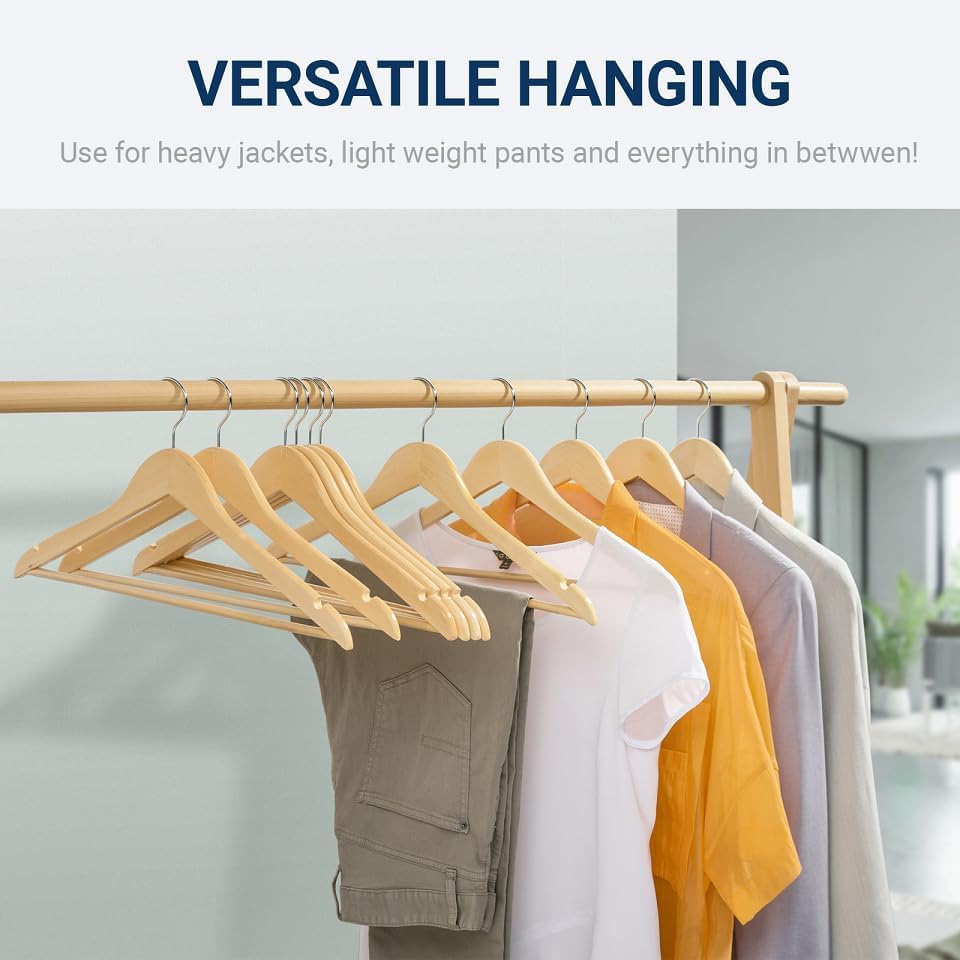 Ash & Roh-Solid Wood Natural Finish Garment Hangers with Non-Slip Bar and Precisely Cut Notches, 360 Degree Swivel Chrome Hook, Hanger, Hangers for Clothes, Cloth Hanger 4