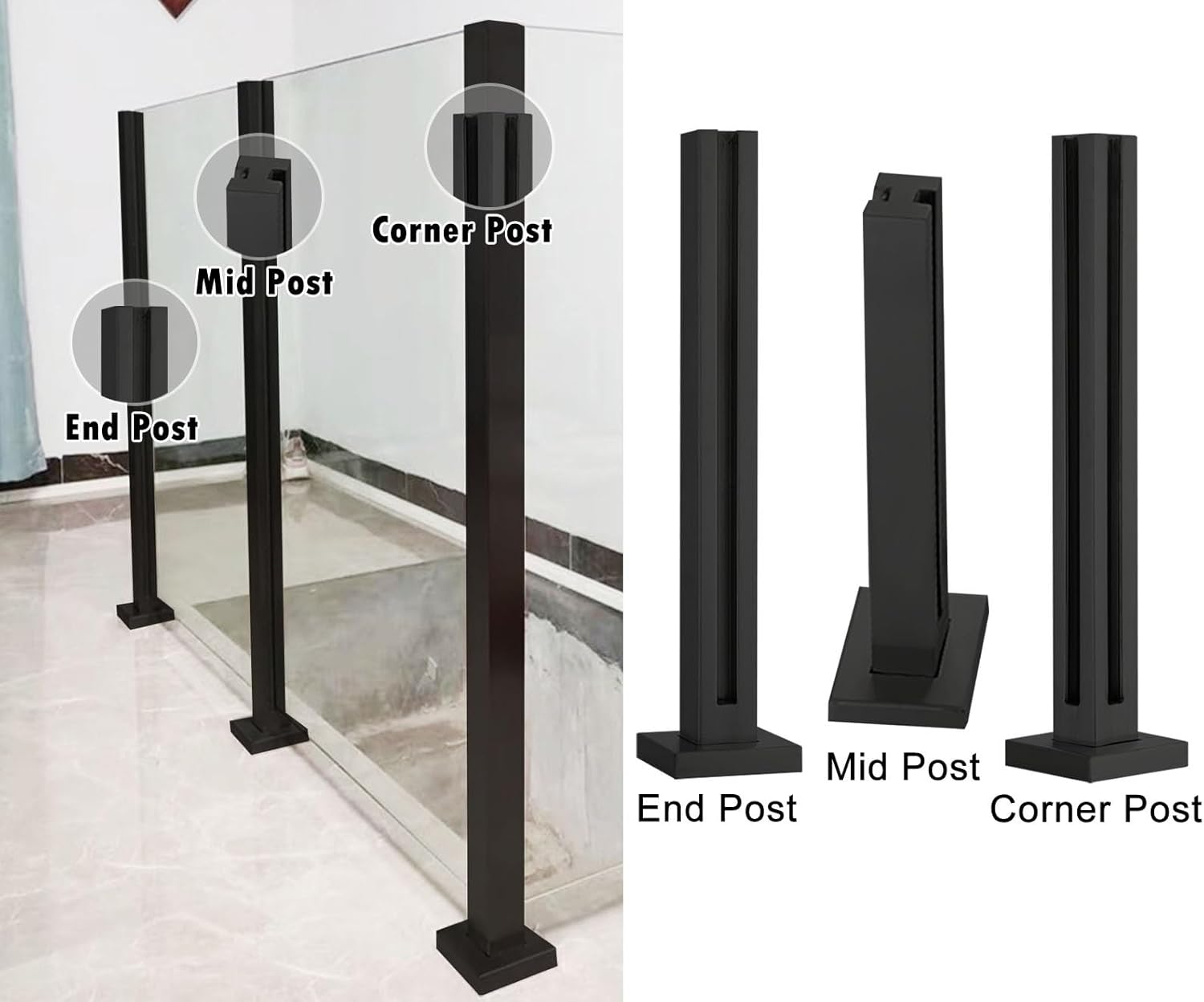 Freestanding Black Glass Railing Post for Balcony & Stairs, 43.3" Height, Durable Metal Support for Interior/Exterior Safety Balustrade System
