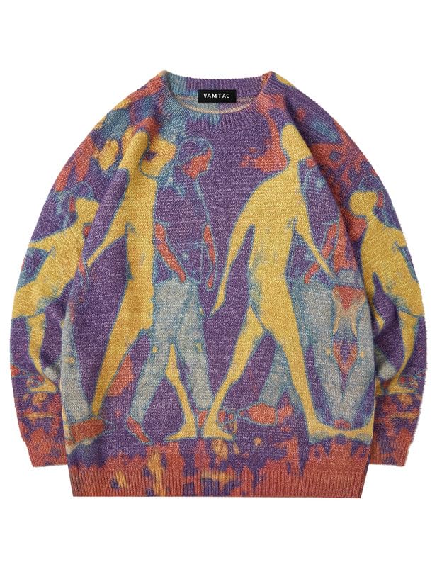 Image of Vamtac Mens Oversized Sweater Vintage Graphic Pullover Crewneck Knit Jumper Y2K Unisex Streetwear 2026 Fall Tops