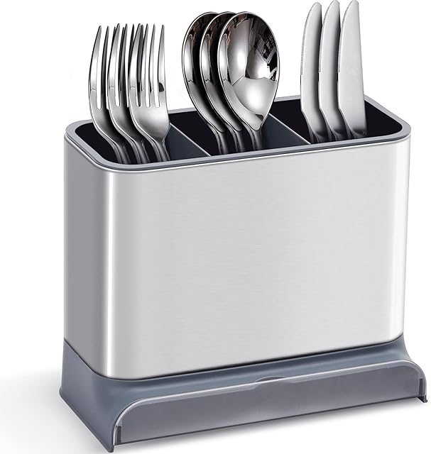 APEXCHASER Stainless Steel Utensil Holder, Sink Caddy with Drip Tray, Cutlery Holder with 3 Compartments Rustproof Kitchen Sink Accessories Organiser for Brush, Sponge, Dish Wand and Flatware Crock