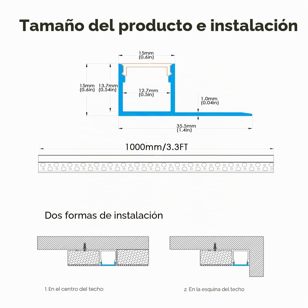 Besseto Perfil de azulejos LED, 6 unidades, 3,3 pies, borde de yeso, tiras LED de aluminio, perfil empotrado con difusor lechoso y tapas finales