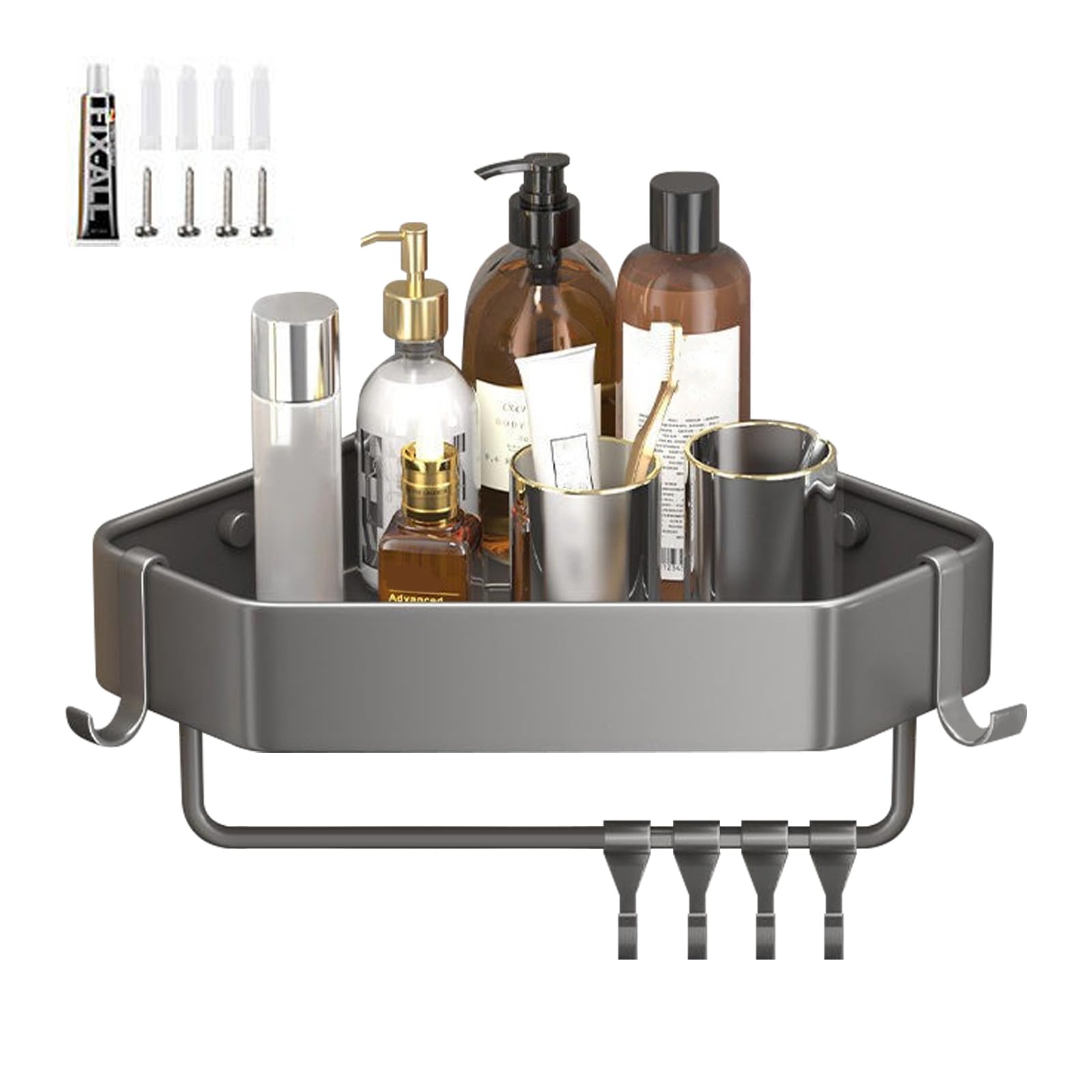 Wall Mounted Storage Tray Corner Shampoo Holder Shower Corner Wall Shelf Kitchen Bathroom Shelf with Hooks Tray Organizer Bathroom Kitchen Rust Proof