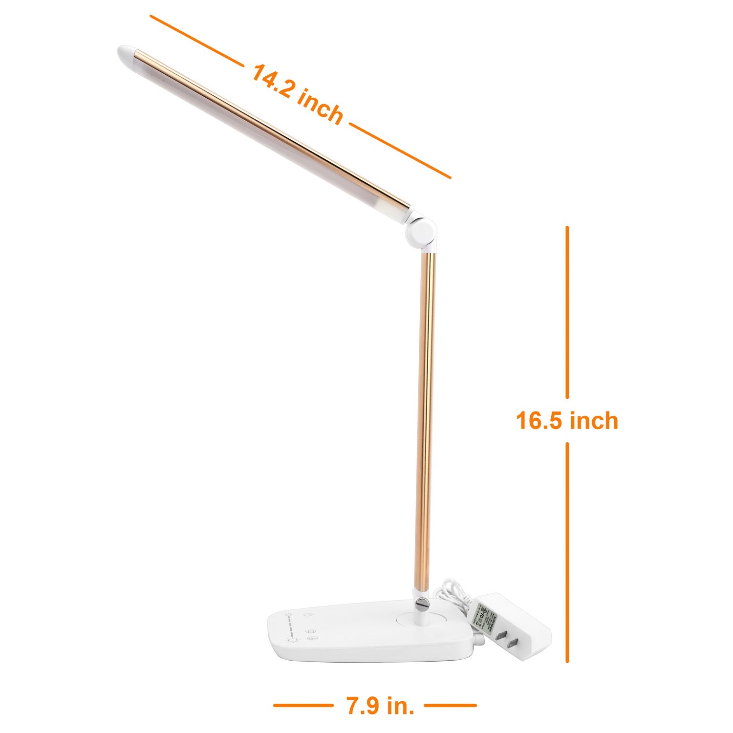 Lichamp Dimmable LED Desk Lamp with USB Charging Port, Touch Control Foldable Gooseneck Free Rotation Adjustable Eye Care Table Lamp, Bedside Reading Light with UL AC Adapter (Gold)