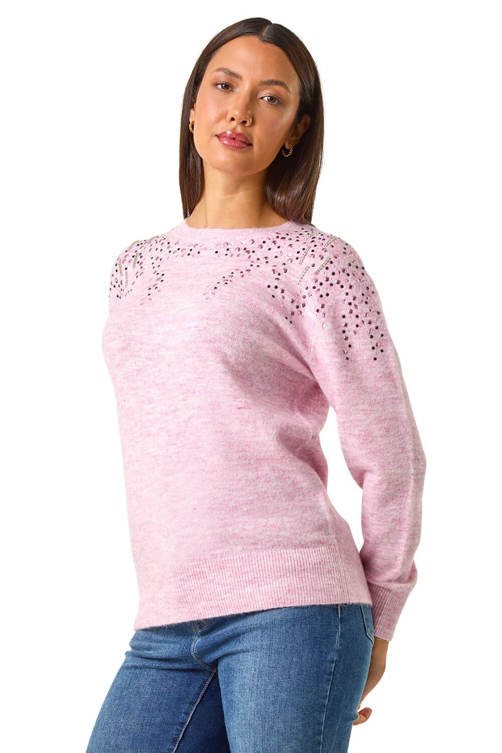 Roman Women's Light Pink Sparkly Diamante Knit Jumper Size 18