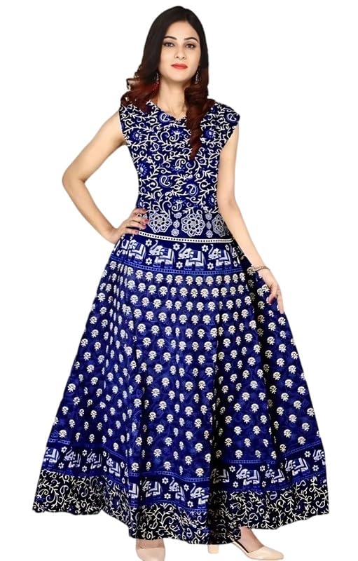 Womens' Jaipuria Printed Dark Blue Sleeveless Long Gowns-image-1